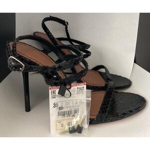 NEW ZARA Woman Lace-Up  tooled Leather Sandals Shoes Black Size 36/6
